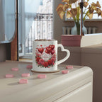 Gorgeous Valentines Day mug with heart-shaped handle and vibrant design on a countertop.