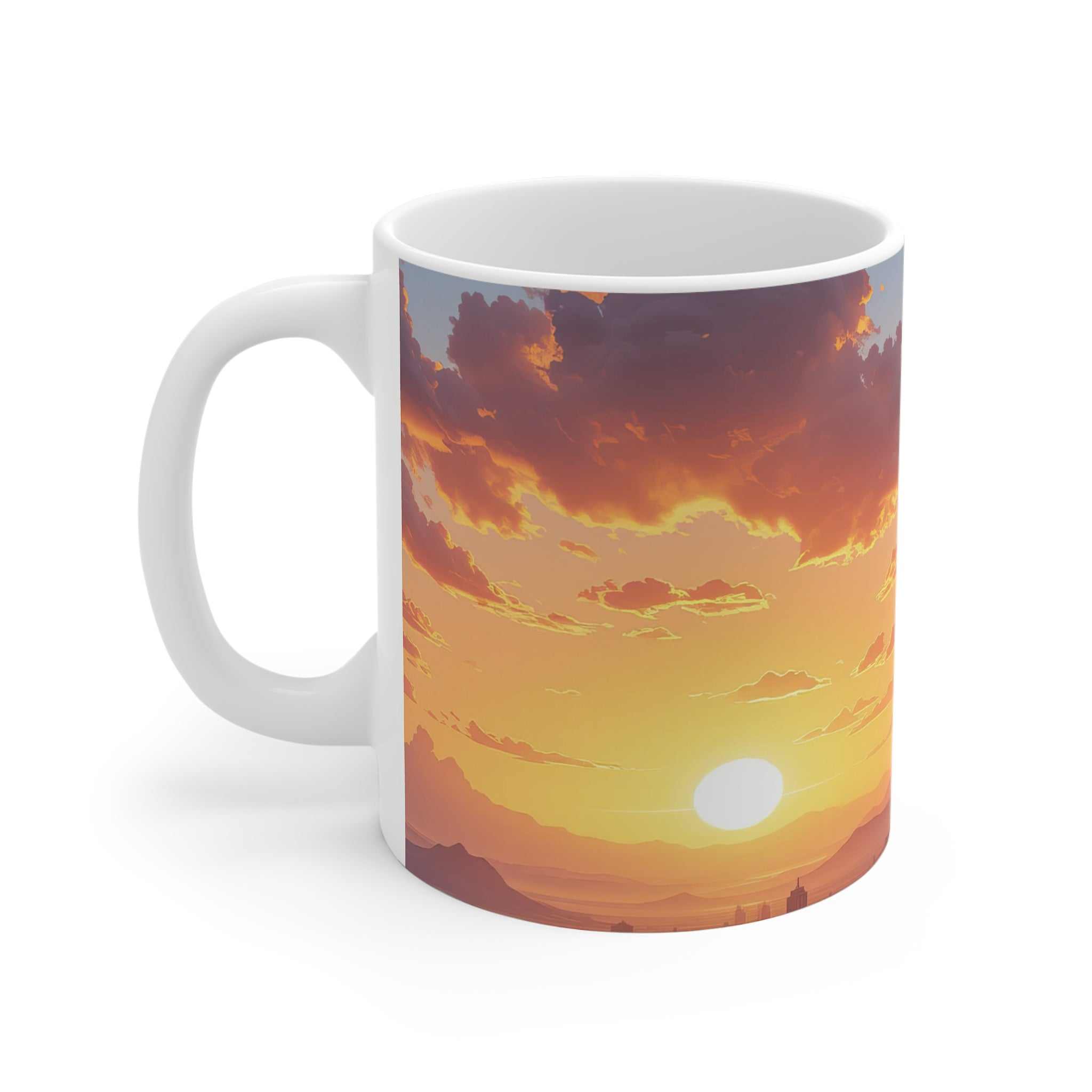 White ceramic Black Panther Sunset Mug featuring vibrant sunset design with orange and yellow hues, microwave and dishwasher safe.