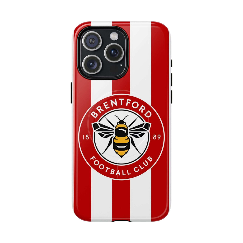Brentford FC MagSafe iPhone case with red and white stripes and bee crest, dual-layer protection, MagSafe compatible