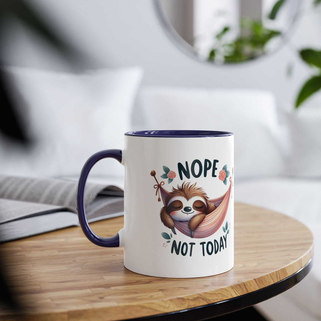 Cute sloth coffee mug with "Nope Not Today" design, ideal for animal lovers.