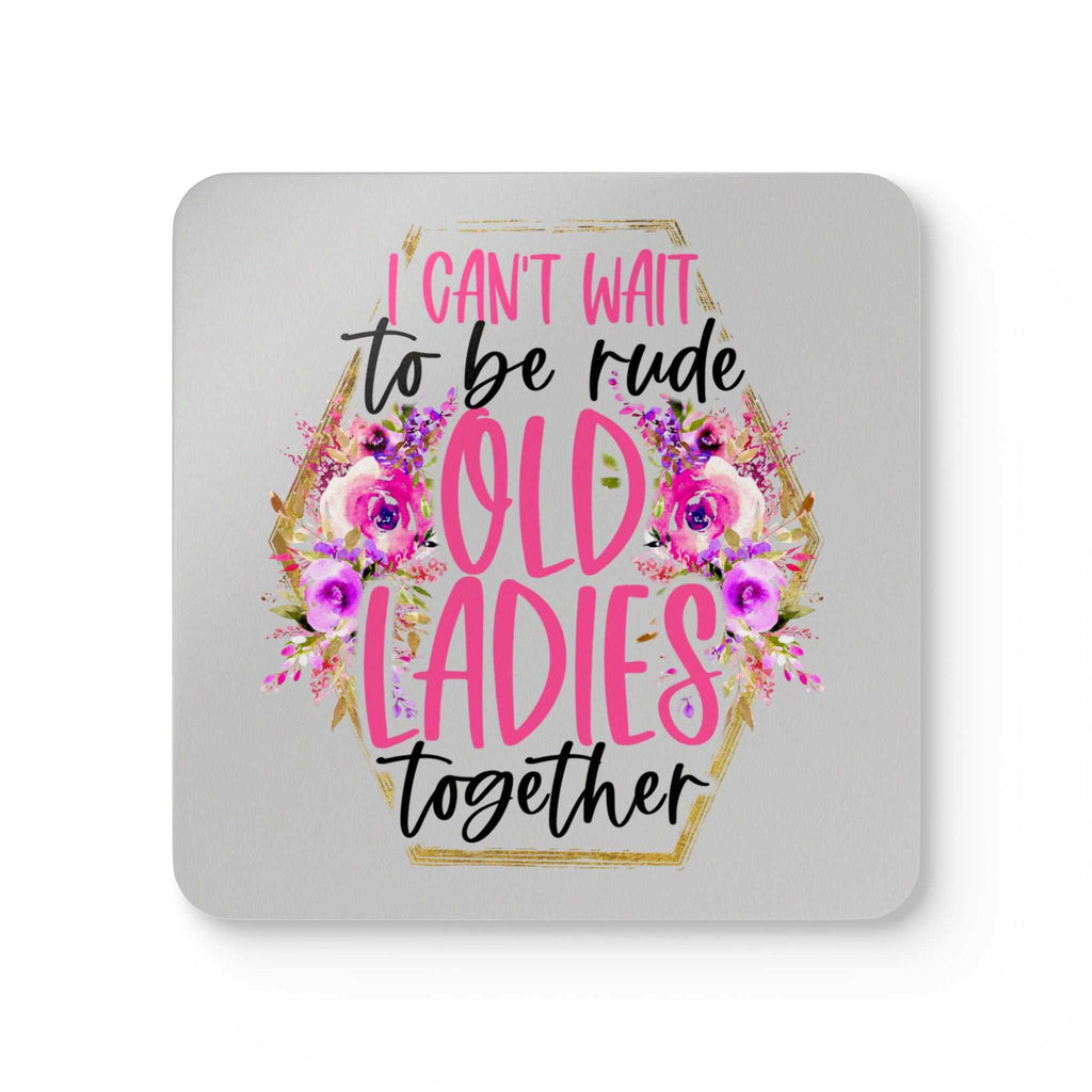 Old Ladies coaster set with playful design, floral accents, and humorous text.