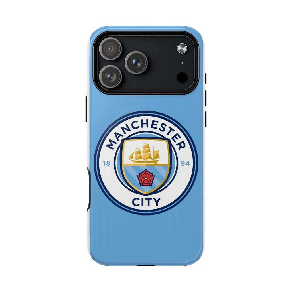 Manchester City MagSafe iPhone case with sky blue color and team logo, durable dual-layer protection for wireless charging.