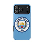 Manchester City MagSafe iPhone case with sky blue color and team logo, durable dual-layer protection for wireless charging.
