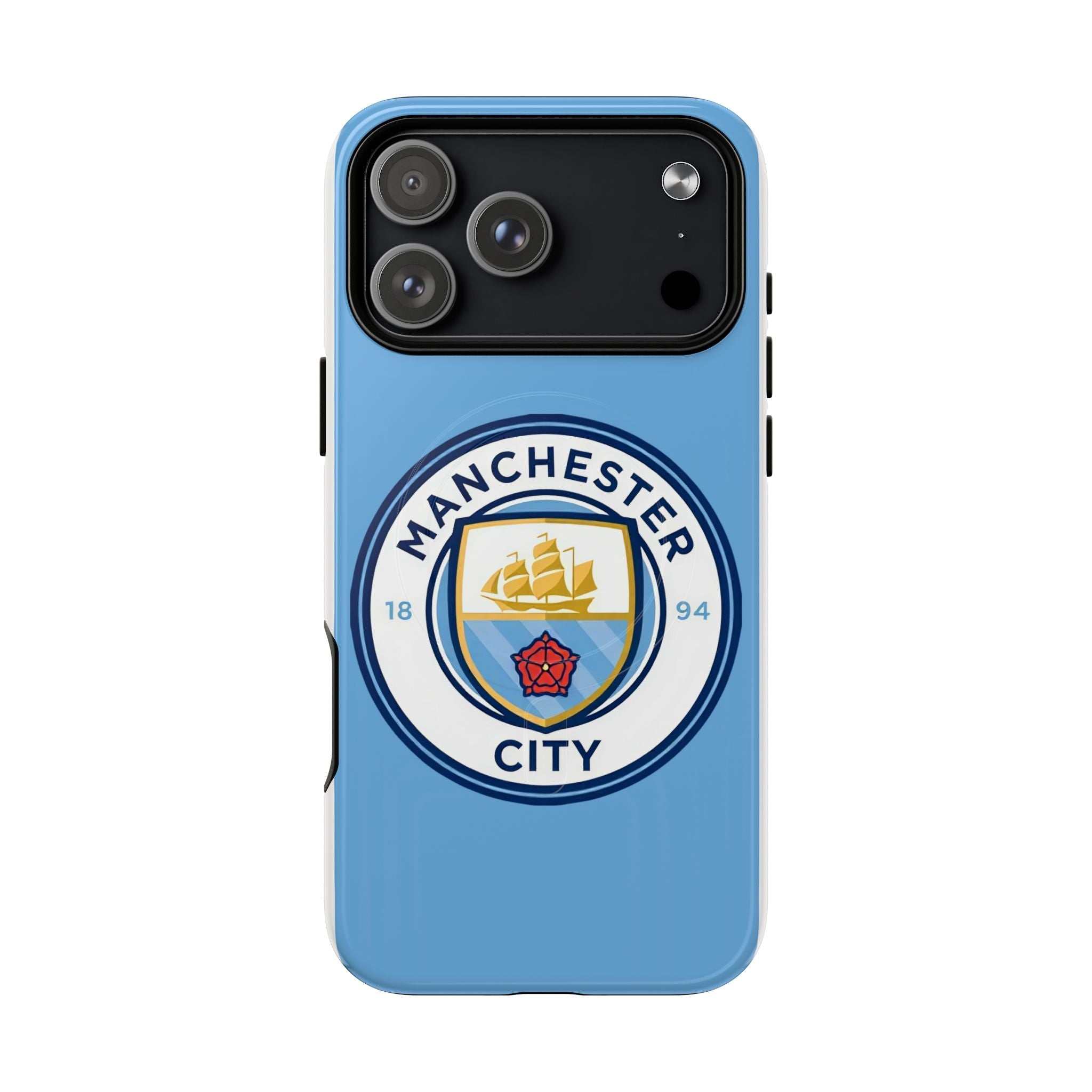 Manchester City MagSafe iPhone case with sky blue color and team logo, durable dual-layer protection for wireless charging.