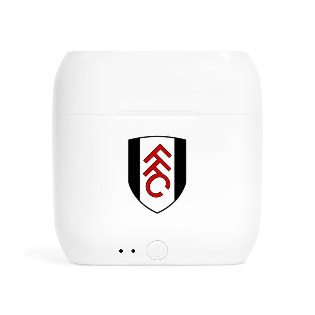White wireless earbuds charging case with Fulham Fc fan-inspired club crest logo
