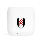 White wireless earbuds charging case with Fulham Fc fan-inspired club crest logo