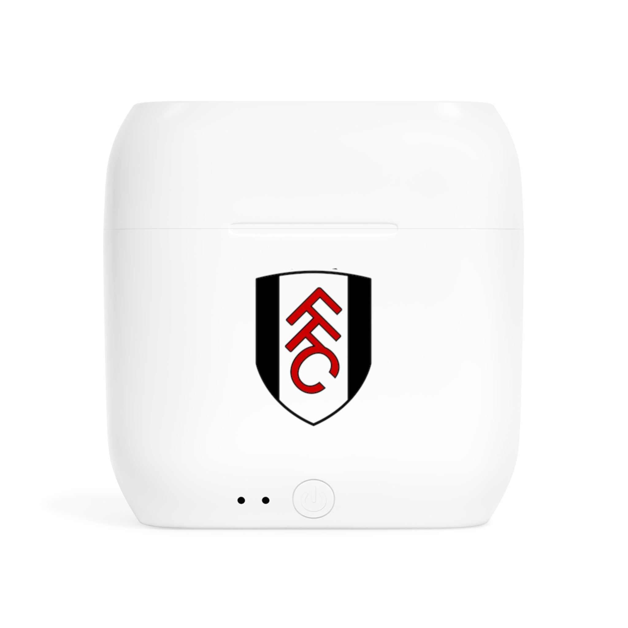 White wireless earbuds charging case with Fulham Fc fan-inspired club crest logo