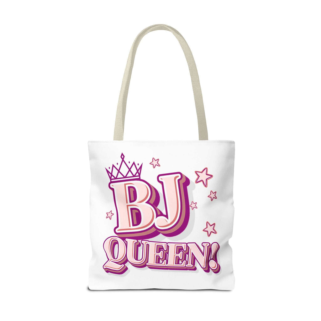 BJ Queen Tote Bag with cheeky design and colorful handles, made of durable spun polyester in three sizes
