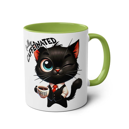 Fun Sarcastic Coffee Mug with cat design, green handle, 11oz ceramic, glossy finish.