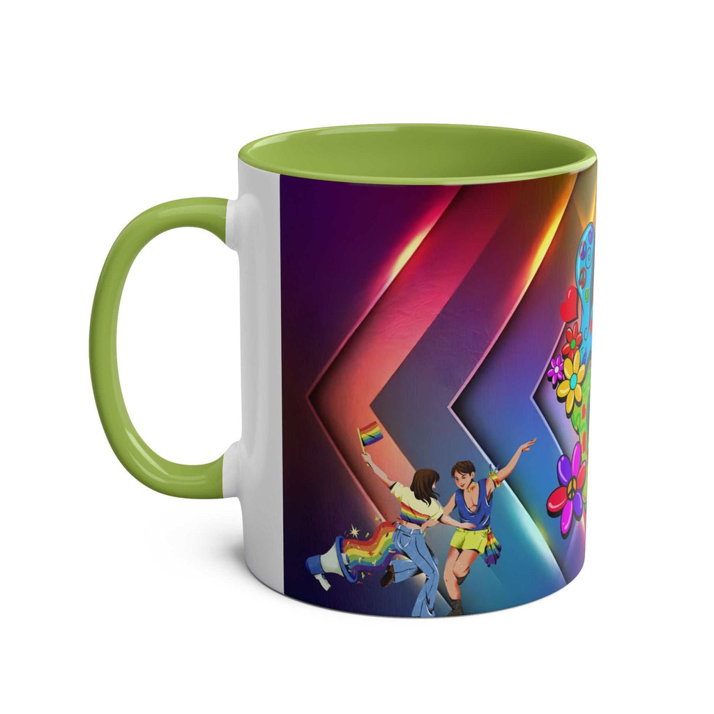 LGBTQ+ Pride Mug with vibrant rainbow design, green handle, and inside, promoting love and equality.