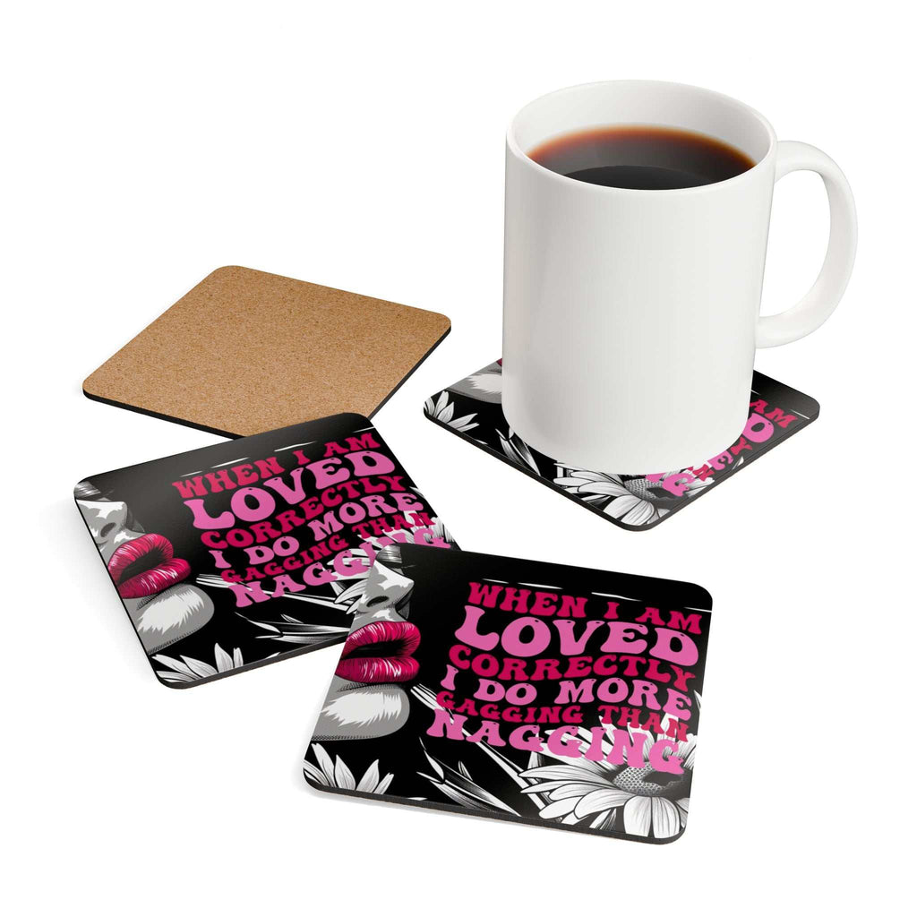 Cheeky Rude Coaster Set with fun designs and cork backing, 4-piece set.