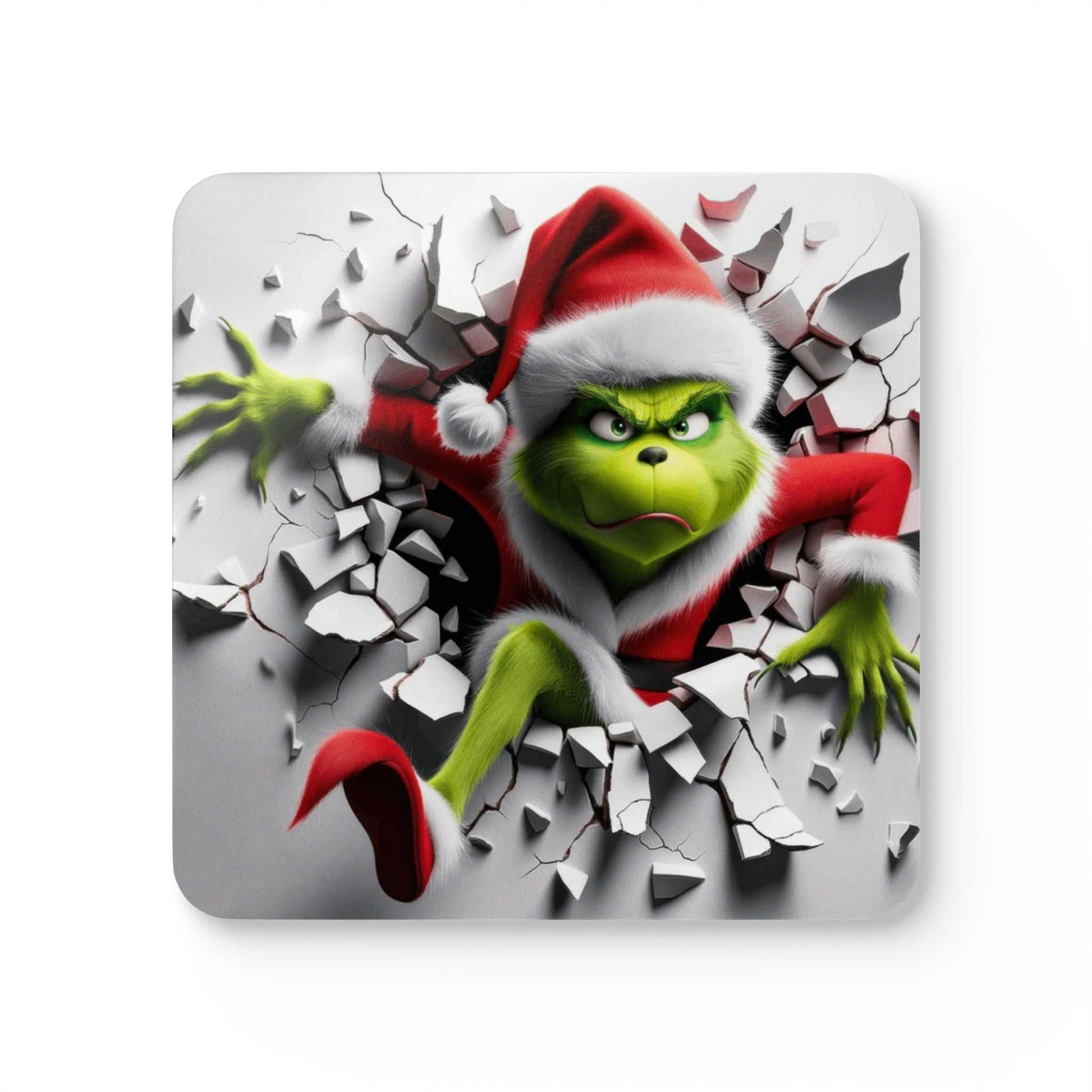 Grinch Hole In The Wall Coaster Set featuring festive design, high-gloss MDF top, and non-slip cork back.