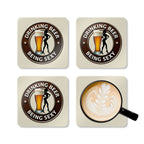 Sexy coaster set with beer theme, high-gloss MDF top, cork back, and playful design.