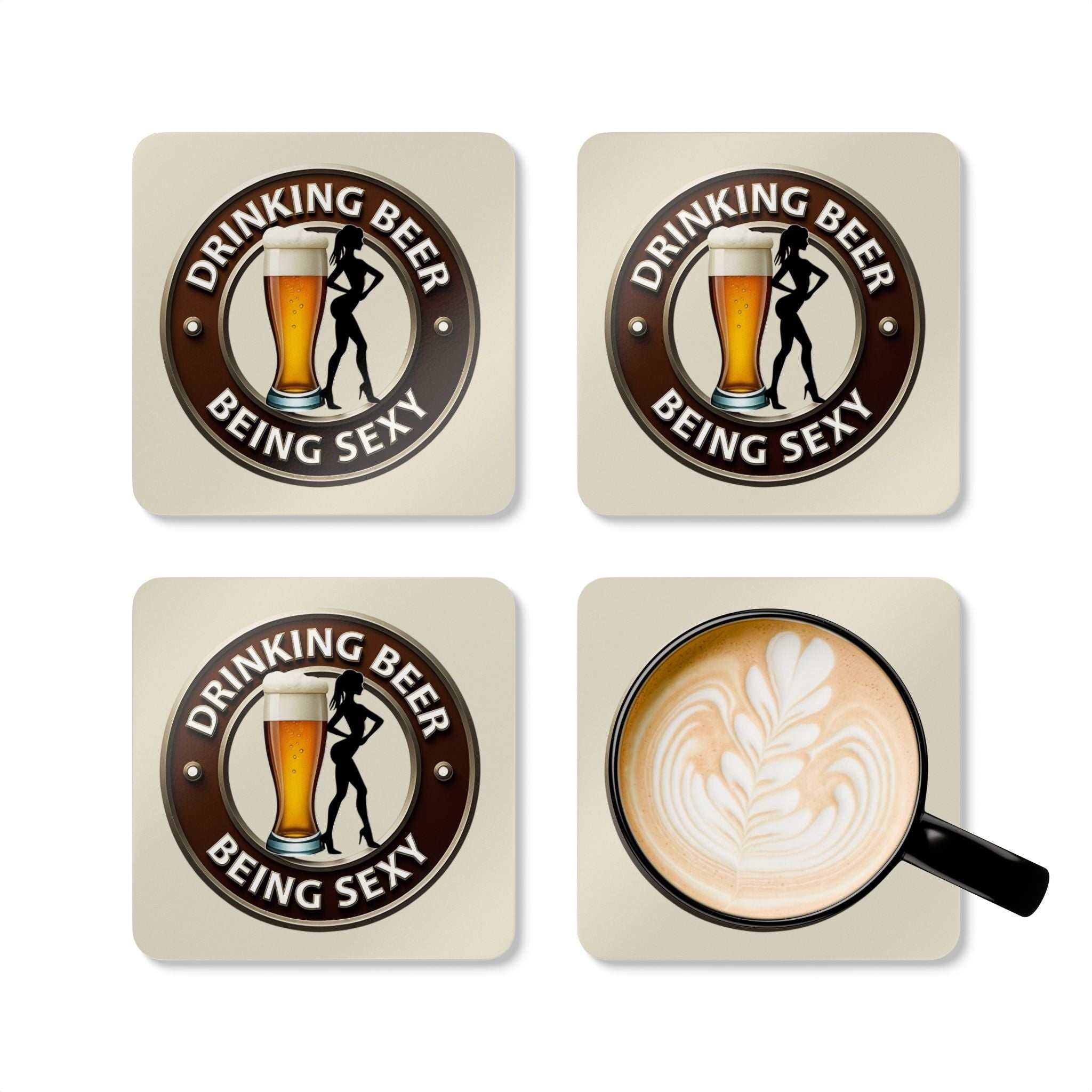Sexy coaster set with beer theme, high-gloss MDF top, cork back, and playful design.