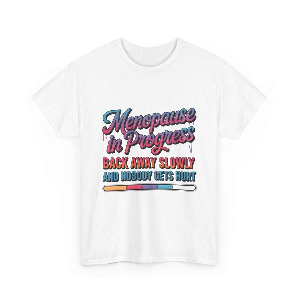Women wearing a Menopause In Progress T-Shirt with "Warning: Hot flashes loading" text and fire emoji