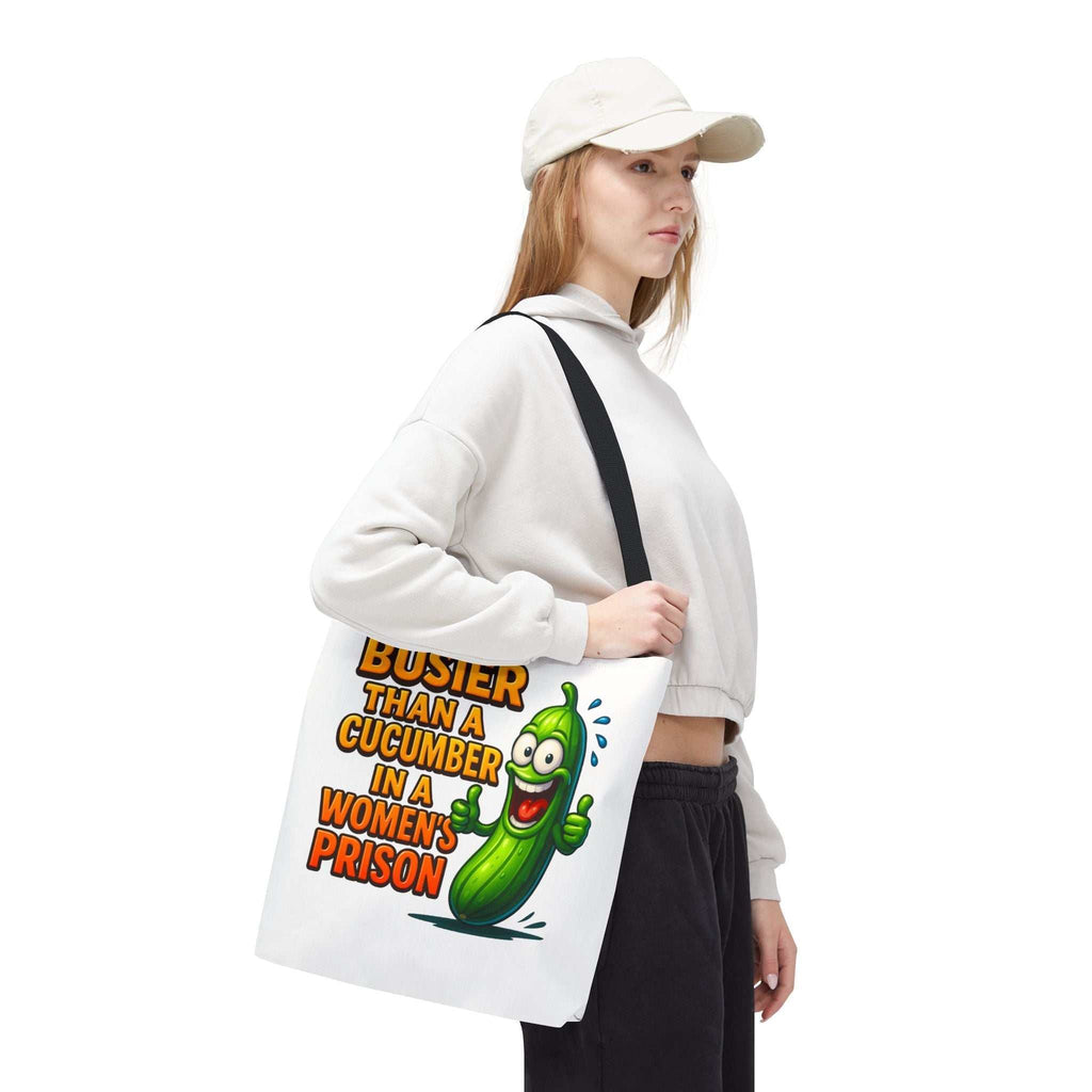 Busier Than a Cucumber Tote Bag with cheeky design and colorful handles, durable polyester, reusable and lightweight tote for errands and outings