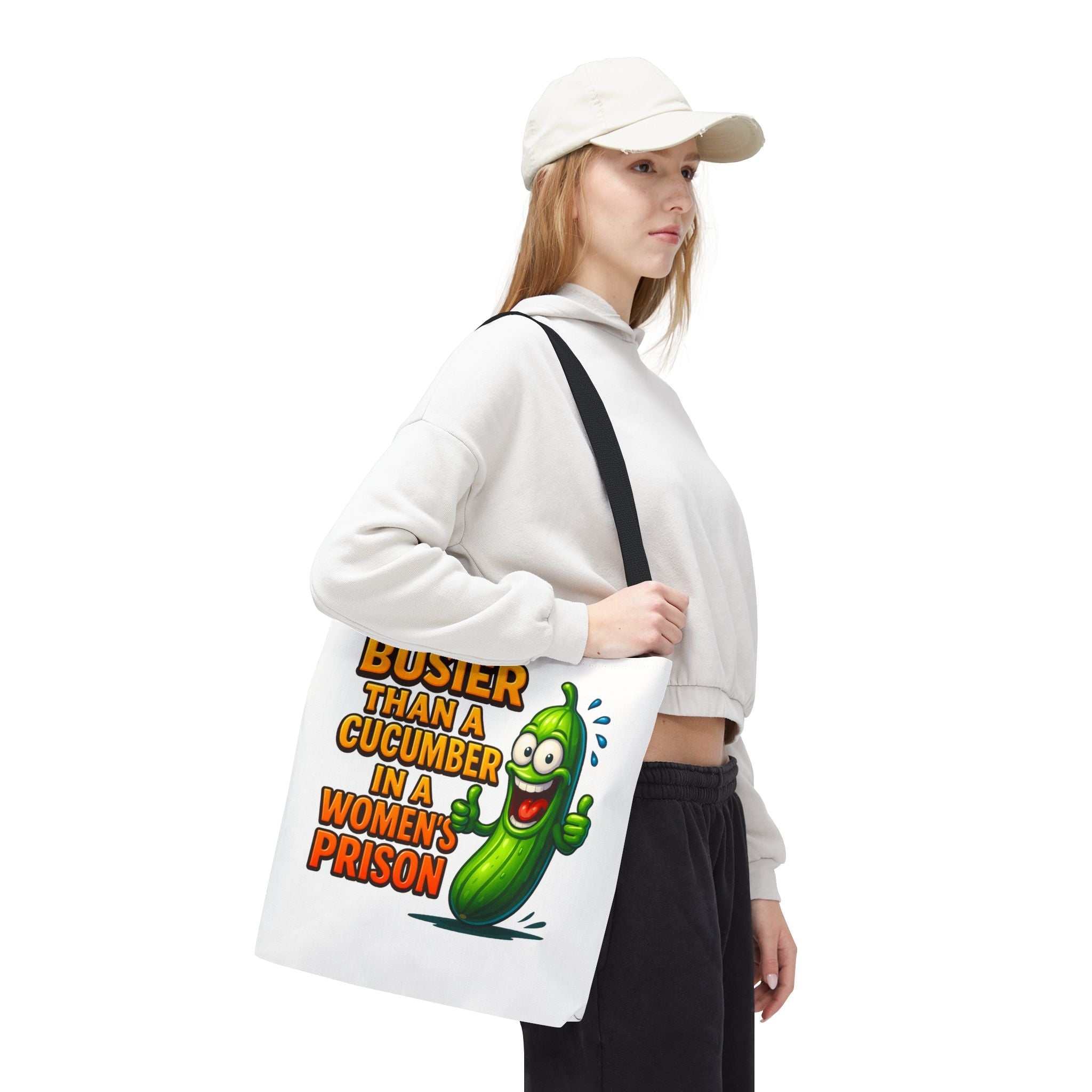 Busier Than a Cucumber Tote Bag with cheeky design and colorful handles, durable polyester, reusable and lightweight tote for errands and outings
