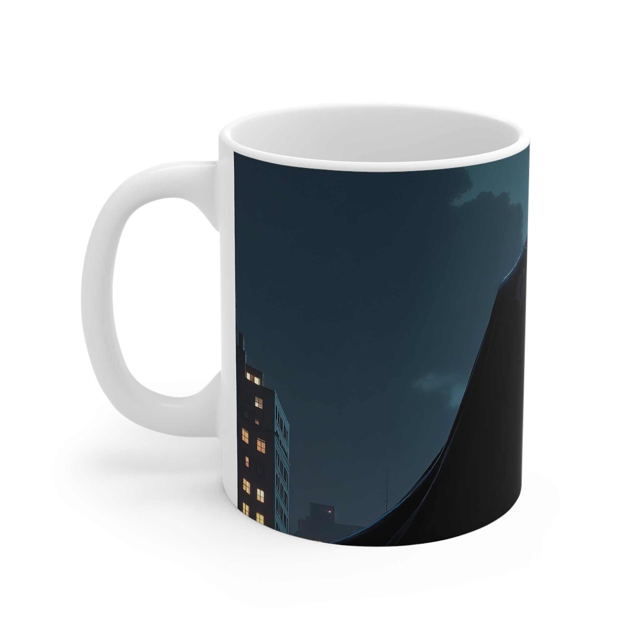 White ceramic 11oz coffee mug with Batman inspired Dark Knight skyline design, microwave and dishwasher safe glossy finish superhero mug