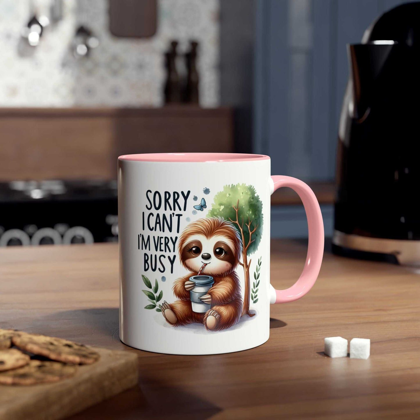 Cute sloth coffee mug with a whimsical design, perfect for animal lovers; 11oz ceramic, pink handle.