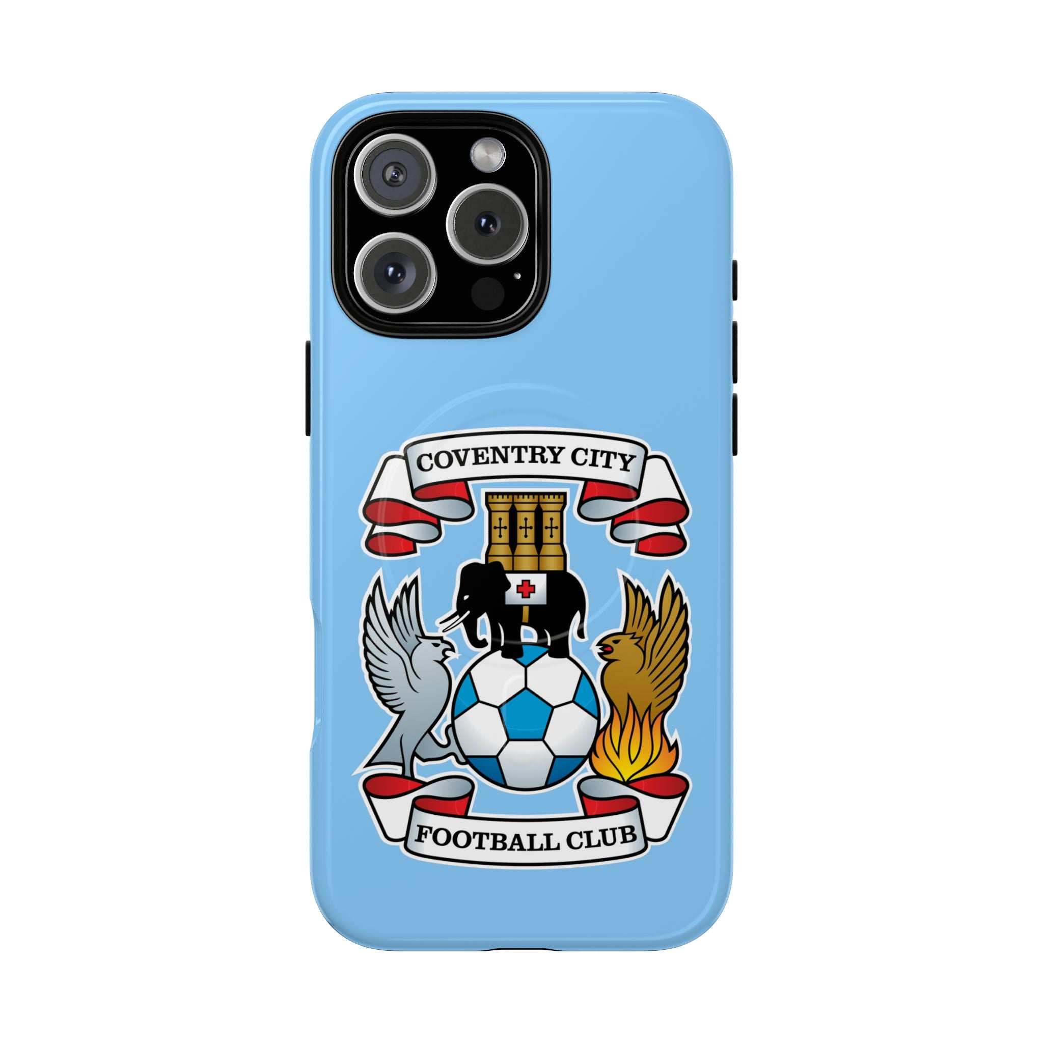Coventry City MagSafe iPhone case in sky blue with club crest, dual-layer protection, and MagSafe compatibility.