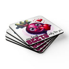 My Heart Beets Coaster Set with beet-inspired design and playful hearts, stack of four coasters.