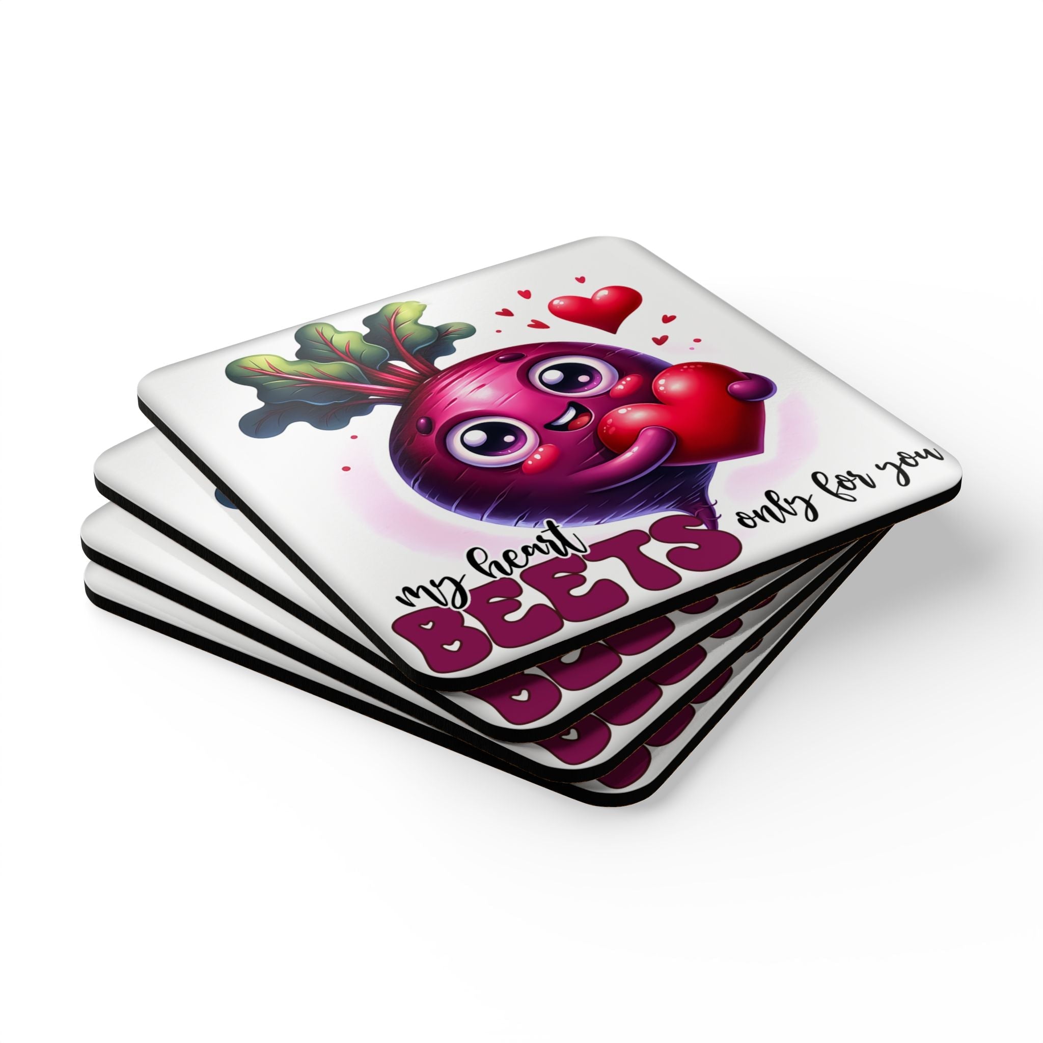 My Heart Beets Coaster Set with beet-inspired design and playful hearts, stack of four coasters.