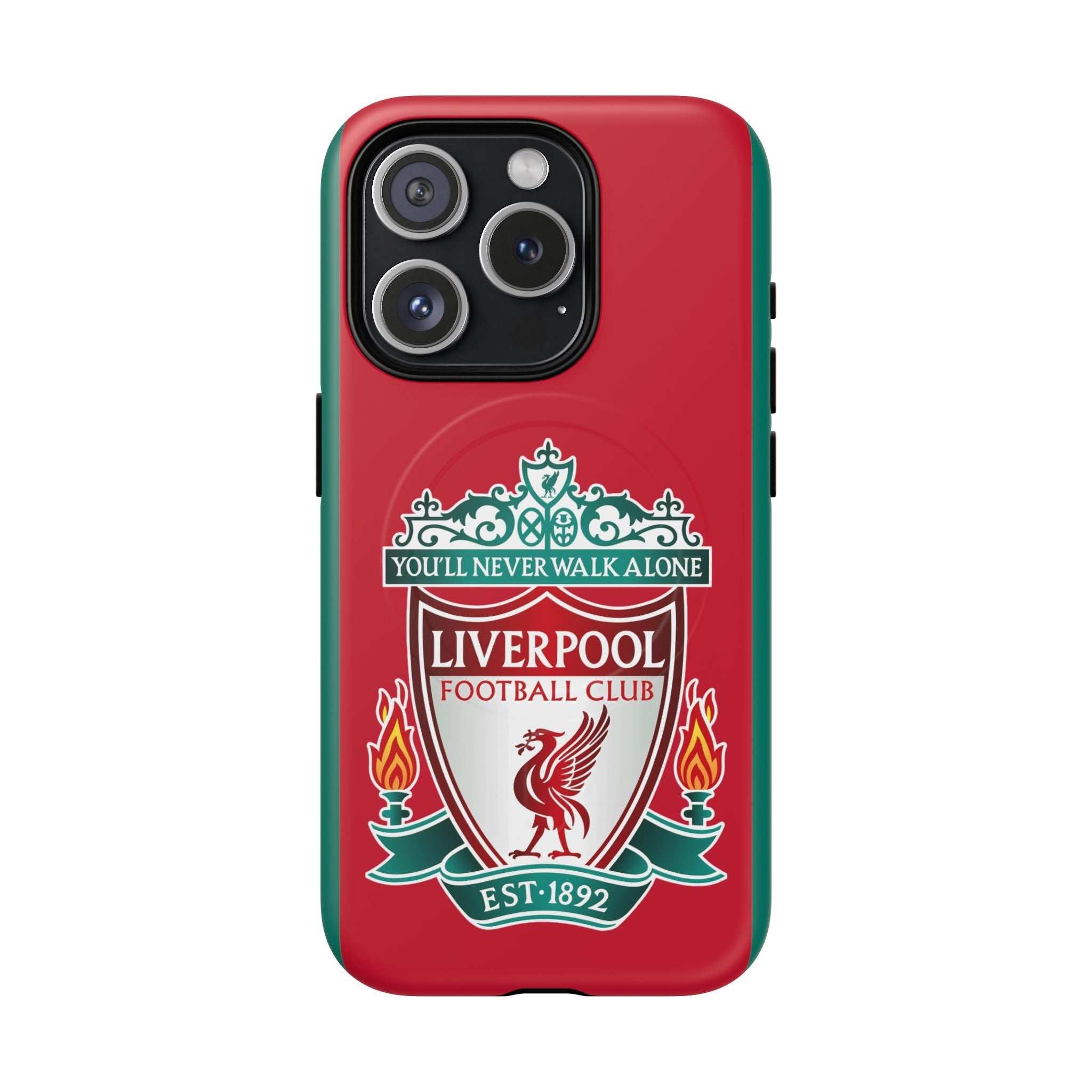 Liverpool FC MagSafe iPhone case with red color and iconic club crest, dual-layer protection and MagSafe compatibility