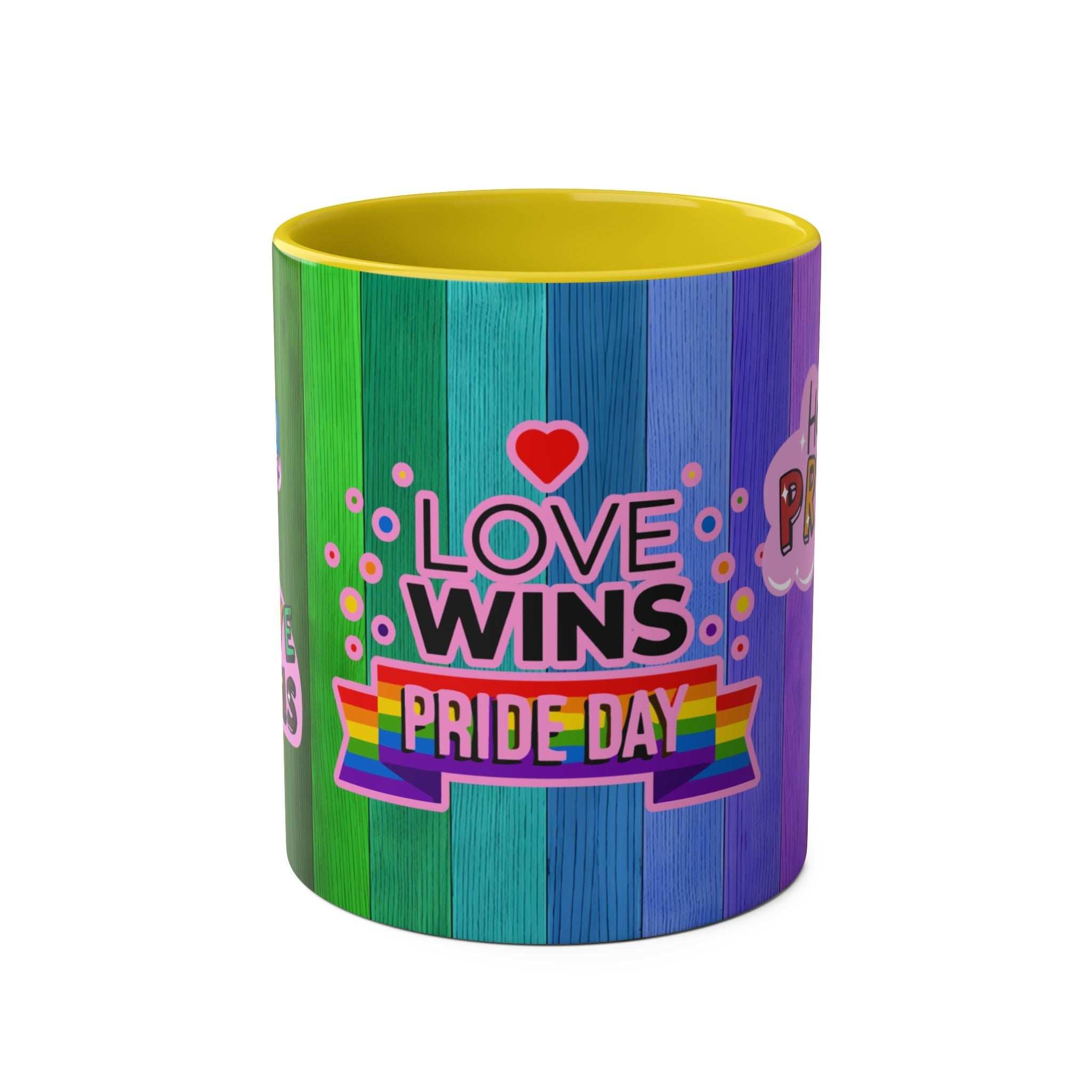 LGBTQ+ Pride Mug with vibrant rainbow design and "Love Wins Pride Day" message.