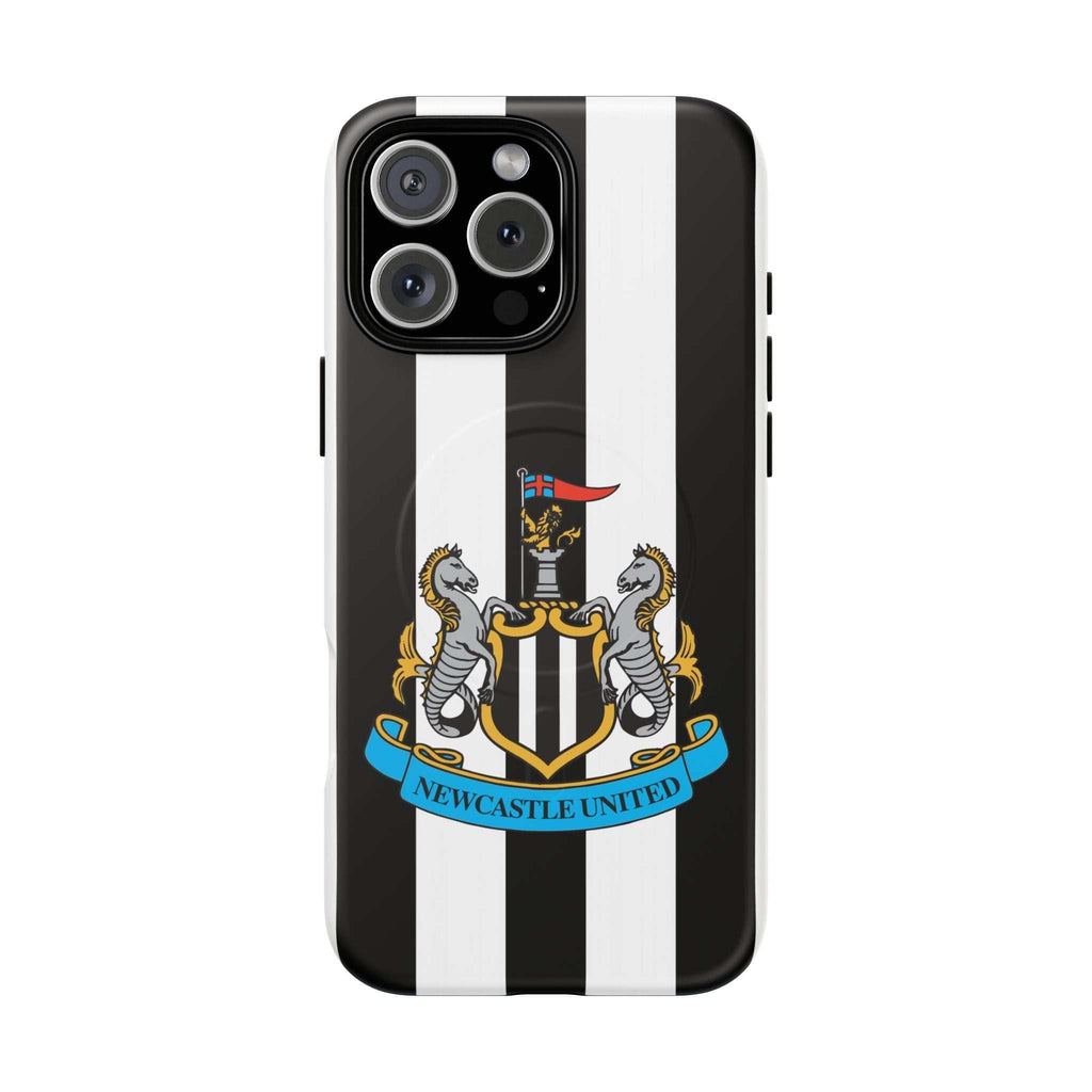 Newcastle United Magsafe iPhone case with black and white stripes and club crest, MagSafe compatible, dual-layer protection