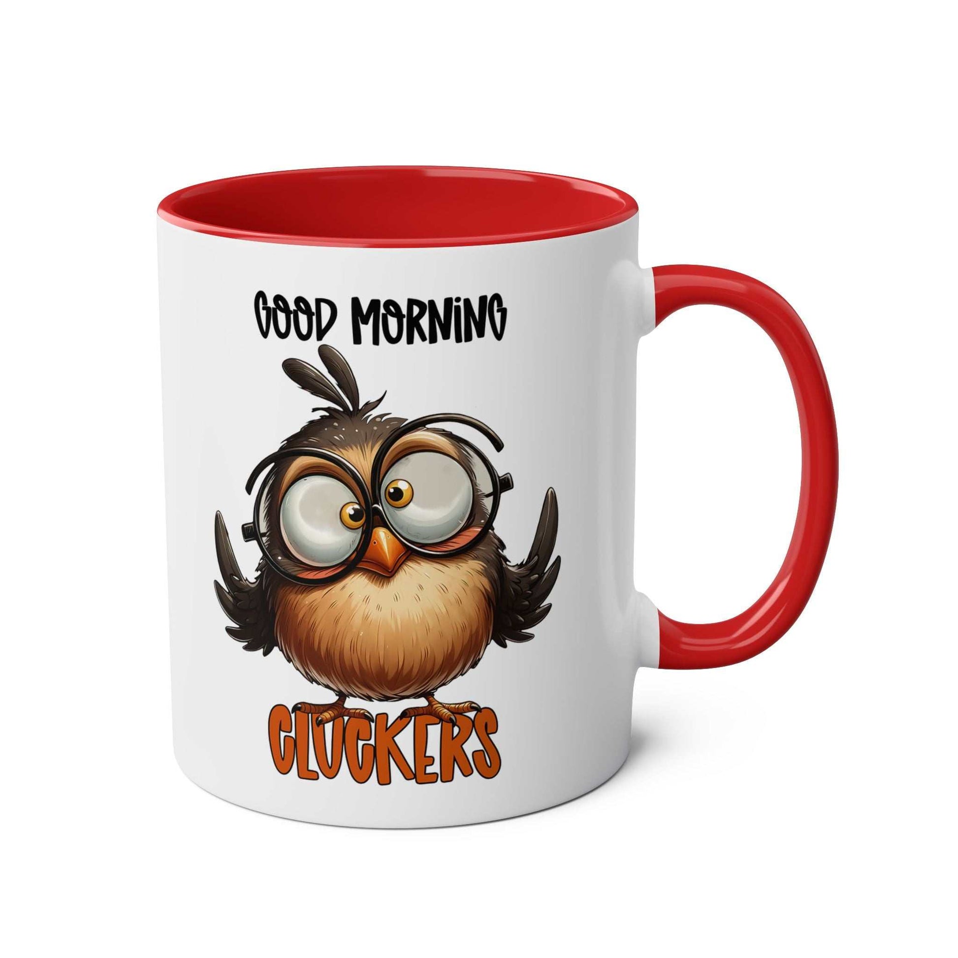 Funny owl design on Morning Cluckers Coffee Mug with red handle, 11oz ceramic, microwave and dishwasher safe.