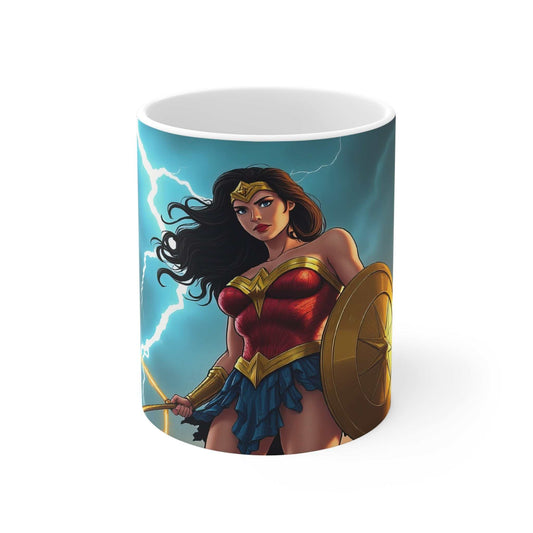 Ceramic Wonder Woman coffee mug with vibrant superhero design, 11oz, glossy finish, microwave and dishwasher safe