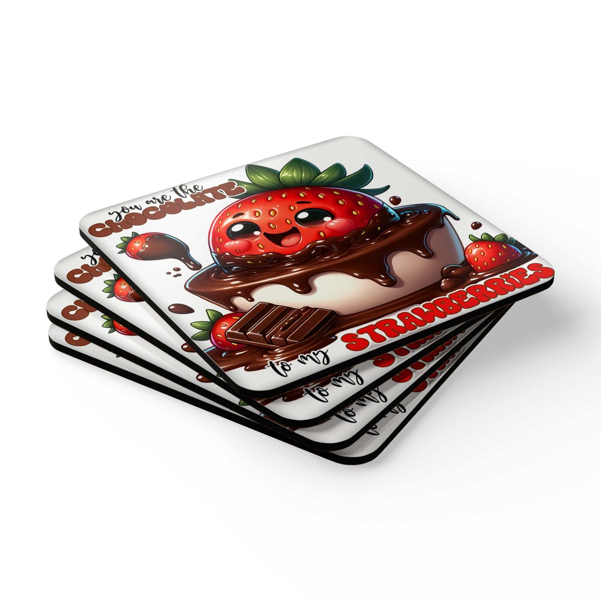 Chocolate & Strawberries Coaster Set with cute design, high-gloss finish, cork backing, and rounded corners for non-slip protection.