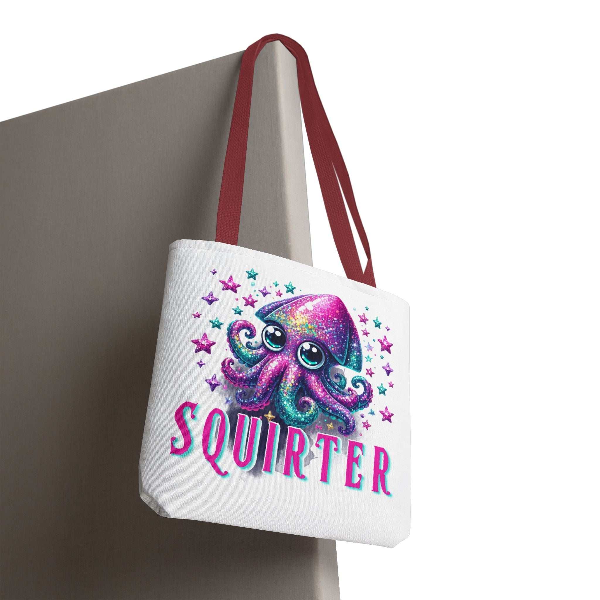 Cheeky Squirter Squid Tote Bag in durable polyester with colorful handles and playful design