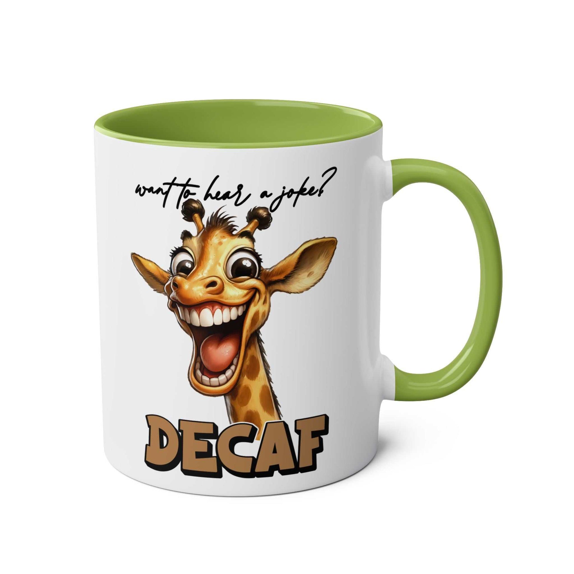 Decaf Joke Coffee Mug with giraffe design and funny quote.