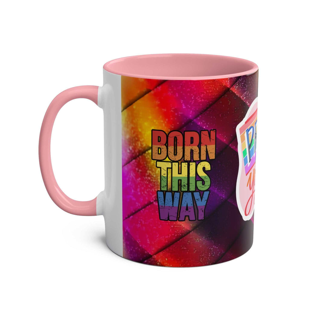 LGBTQ+ Pride Mug with vibrant rainbow design, pink handle, and "Born This Way" text.