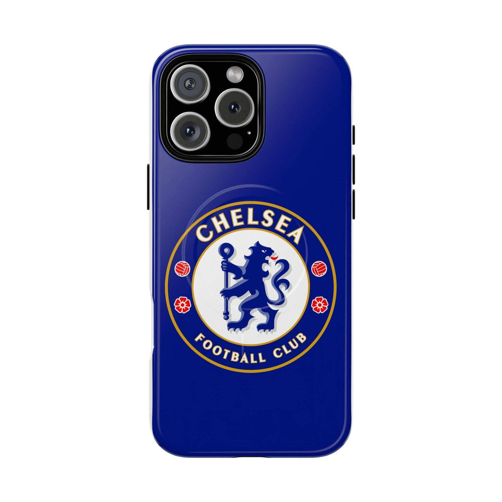 Chelsea FC MagSafe iPhone case in royal blue with club crest, dual-layer protective design, and MagSafe compatibility