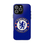 Chelsea FC MagSafe iPhone case in royal blue with club crest, dual-layer protective design, and MagSafe compatibility