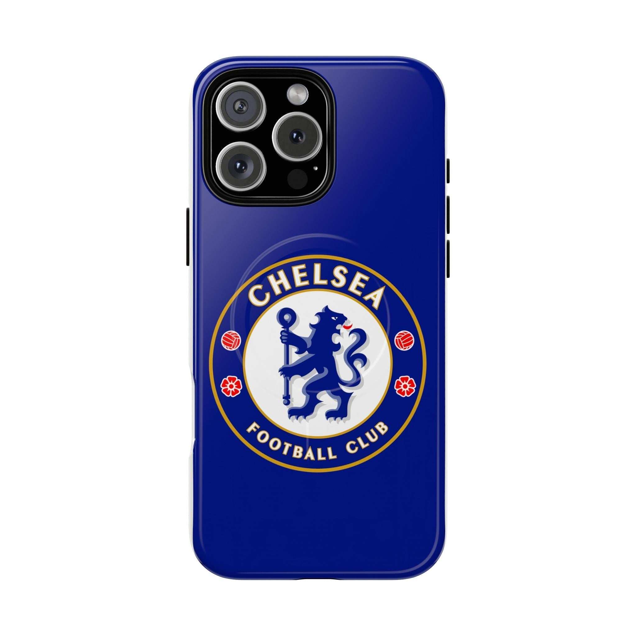 Chelsea FC MagSafe iPhone case in royal blue with club crest, dual-layer protective design, and MagSafe compatibility