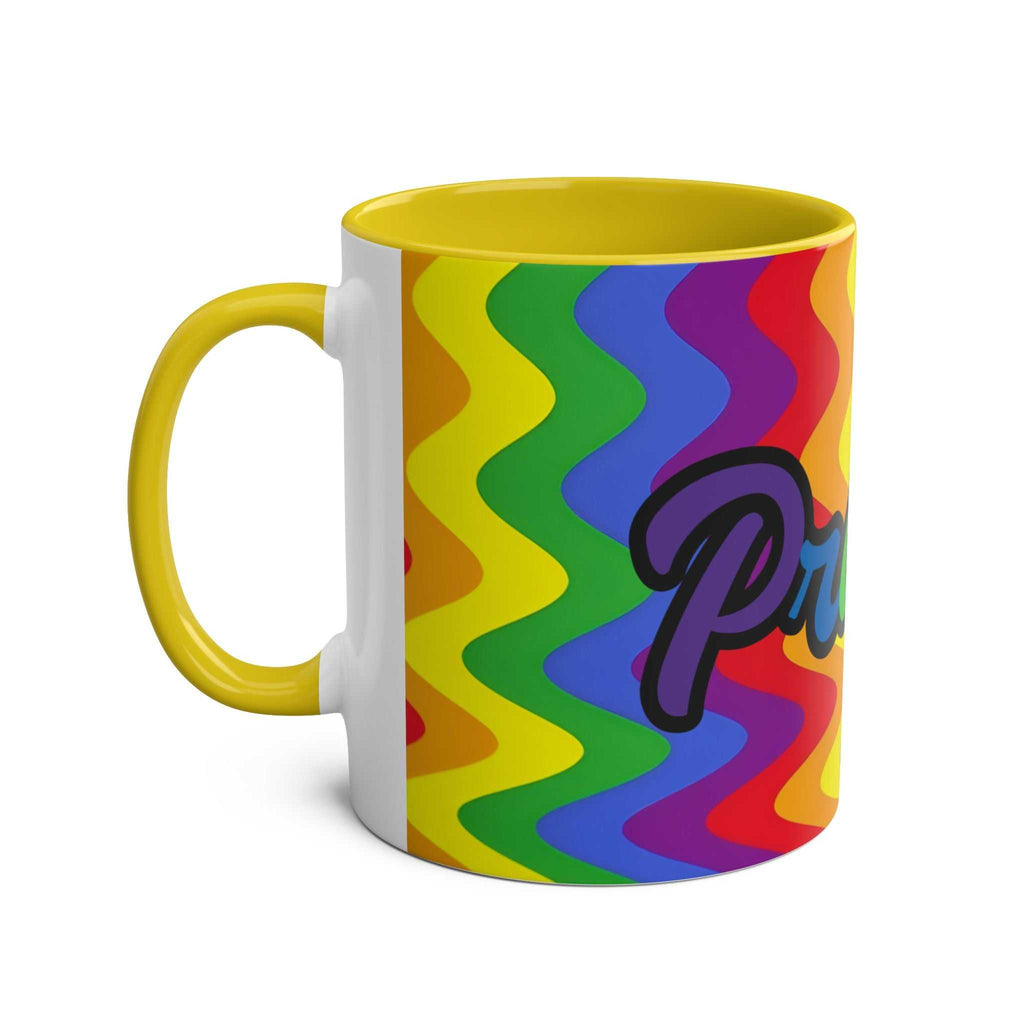 LGBTQ+ Pride mug with vibrant rainbow design and yellow interior.