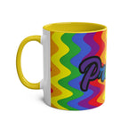 LGBTQ+ Pride mug with vibrant rainbow design and yellow interior.