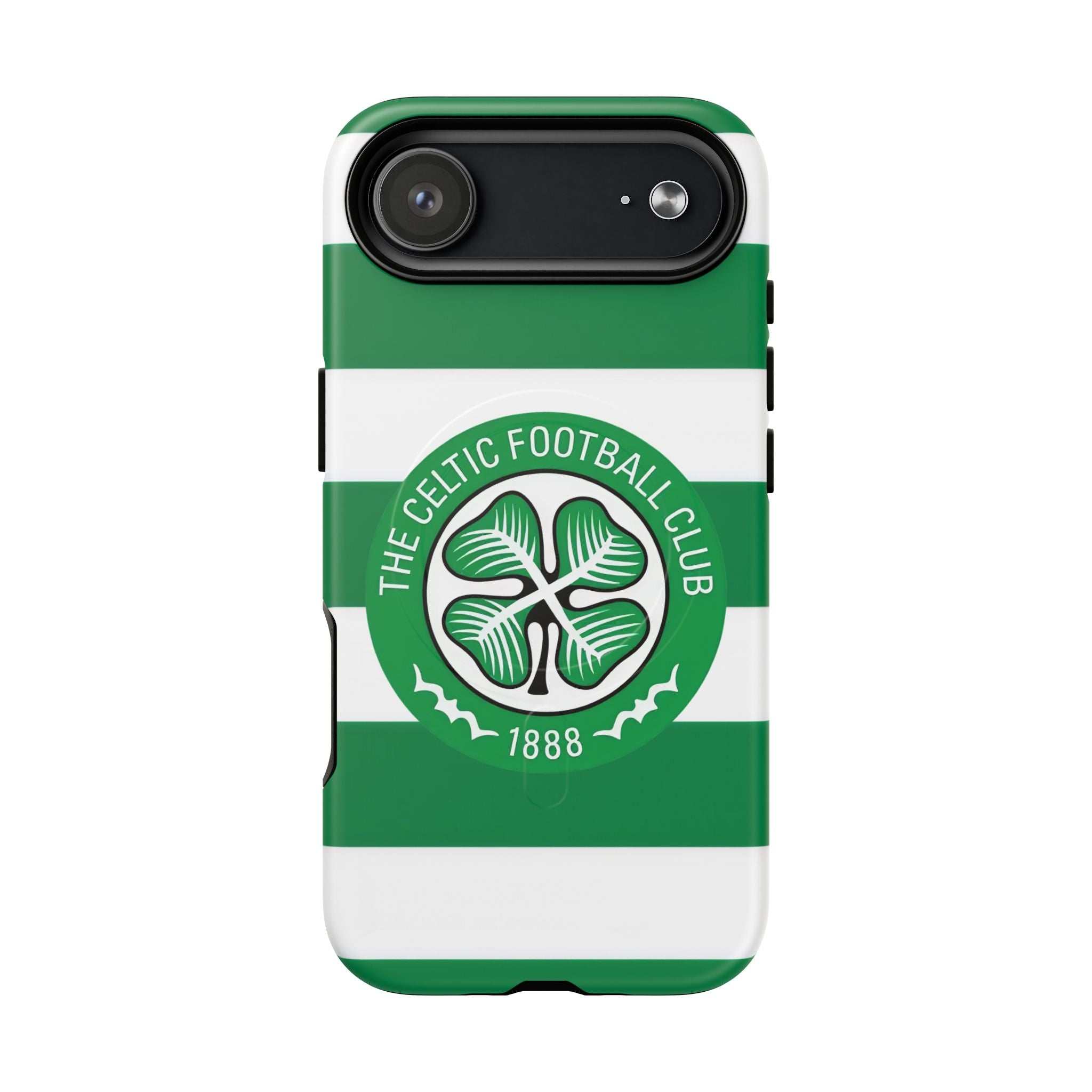 Celtic MagSafe iPhone case with green and white stripes and club crest, dual-layer protective design, MagSafe compatibility.