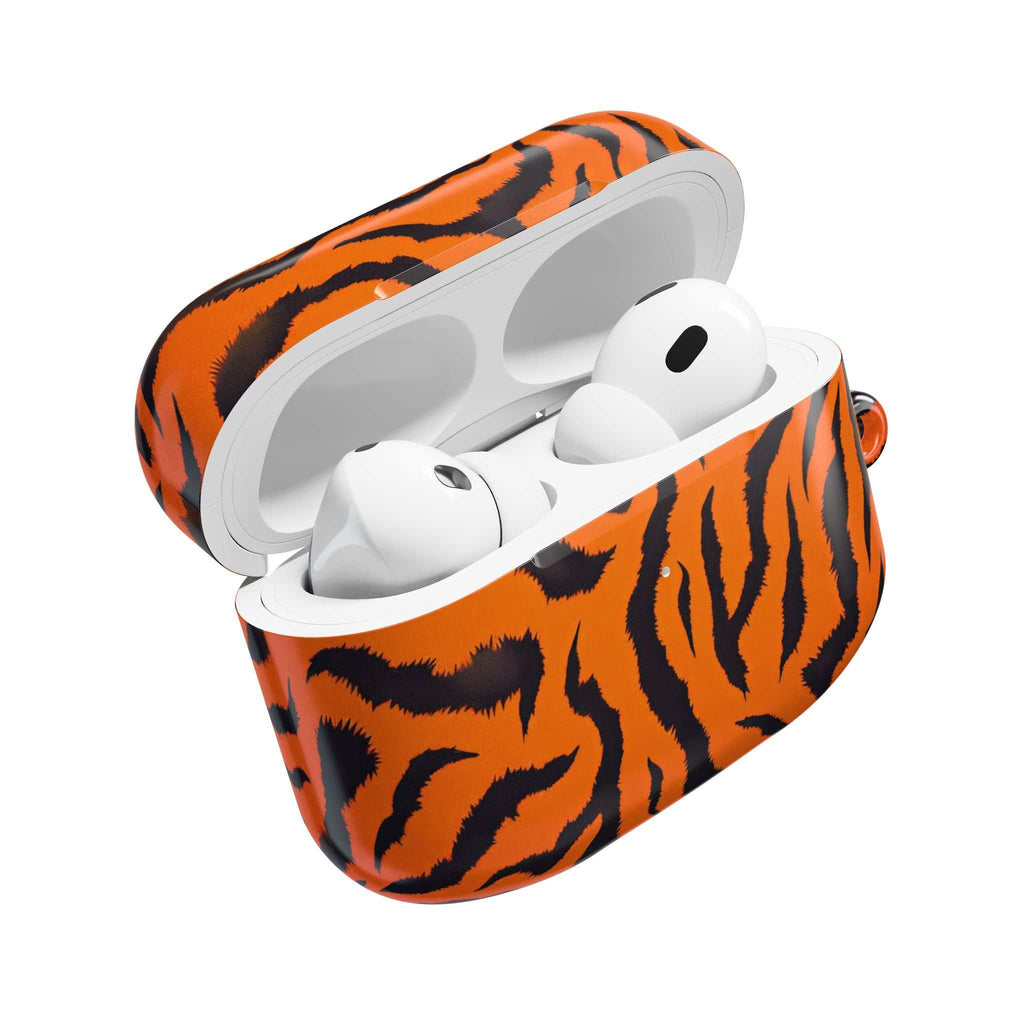 Orange tiger print hard shell protective case for AirPods and AirPods Pro with glossy finish and wireless charging compatibility