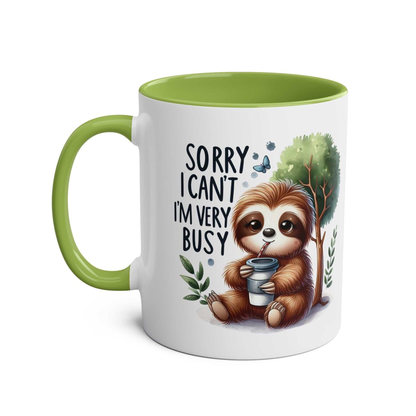 Cute sloth coffee mug with green handle and whimsical design.