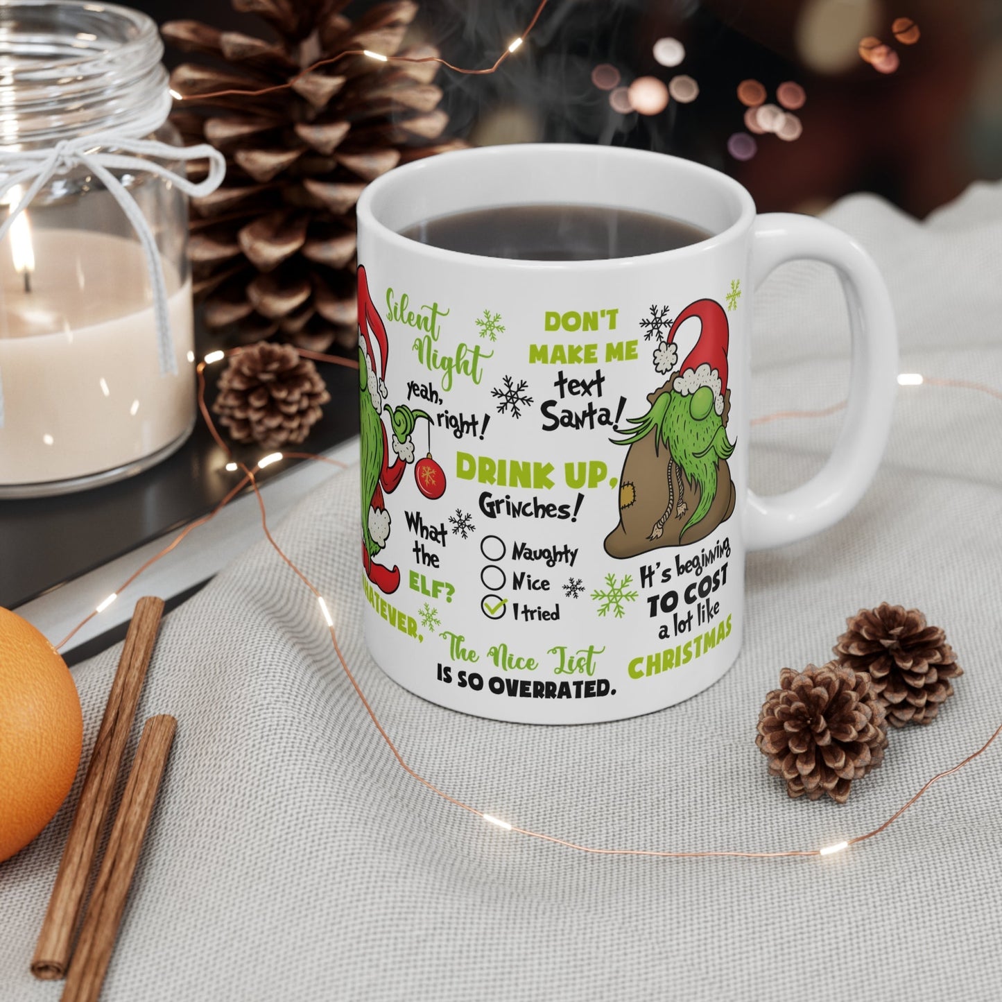 Grinch Christmas Mug with quirky holiday design, 11oz ceramic, glossy finish.