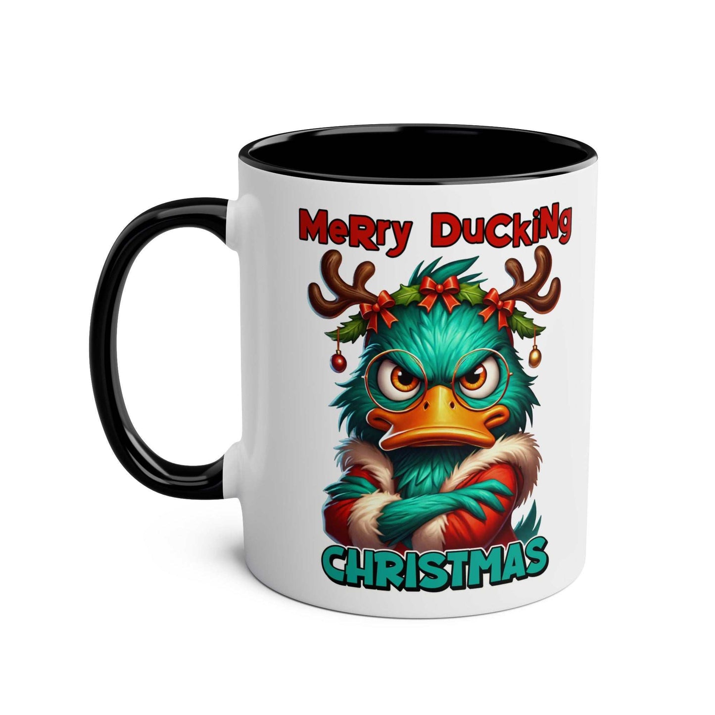 Sarky Christmas Mug with duck design, available in 7 colors, 11oz ceramic, microwave and dishwasher safe.