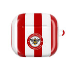 Brentford FC AirPods case with red and white stripes and bee club crest, durable protective shell for AirPods and AirPods Pro, wireless charging compatible