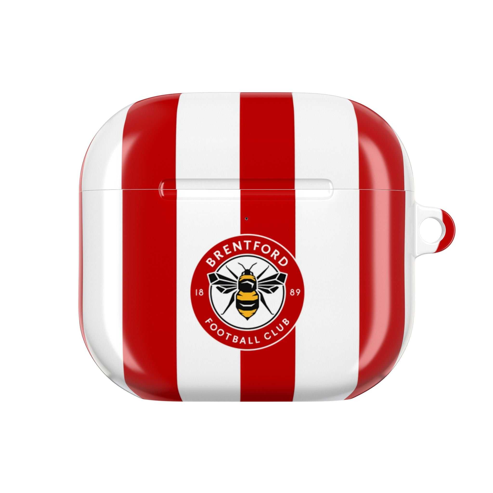 Brentford FC AirPods case with red and white stripes and bee club crest, durable protective shell for AirPods and AirPods Pro, wireless charging compatible