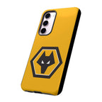 Wolves FC Magnetic Samsung Case in gold and black with shock-absorbing dual layer protection and wireless charging compatibility