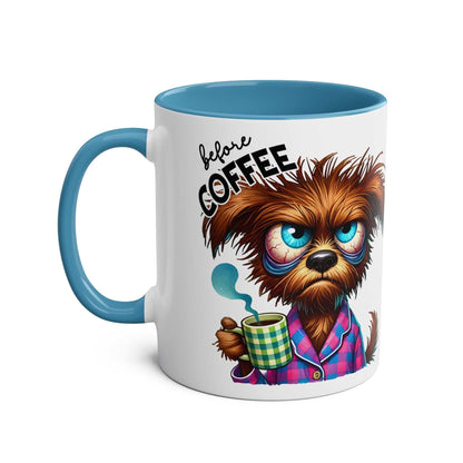Fun sarcastic coffee mug with cartoon dog illustration, blue handle, and rim.