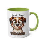 Sarcasm Coffee Mug with quirky dog design and green interior.